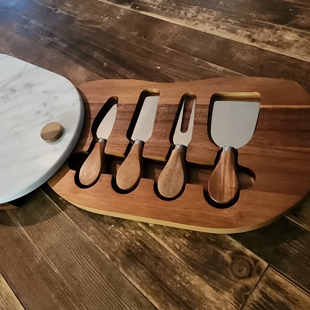Our Table Wood Marble Cheese Cutting Charcuterie Board Knife Set
